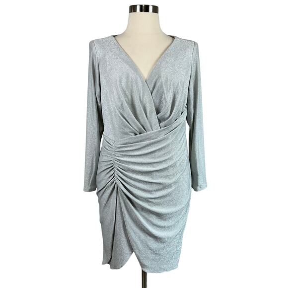 Betsy & Adam Long Sleeve Sheath Cocktail Dress Size 22W Silver Metallic Mini - Picture 1 of 14